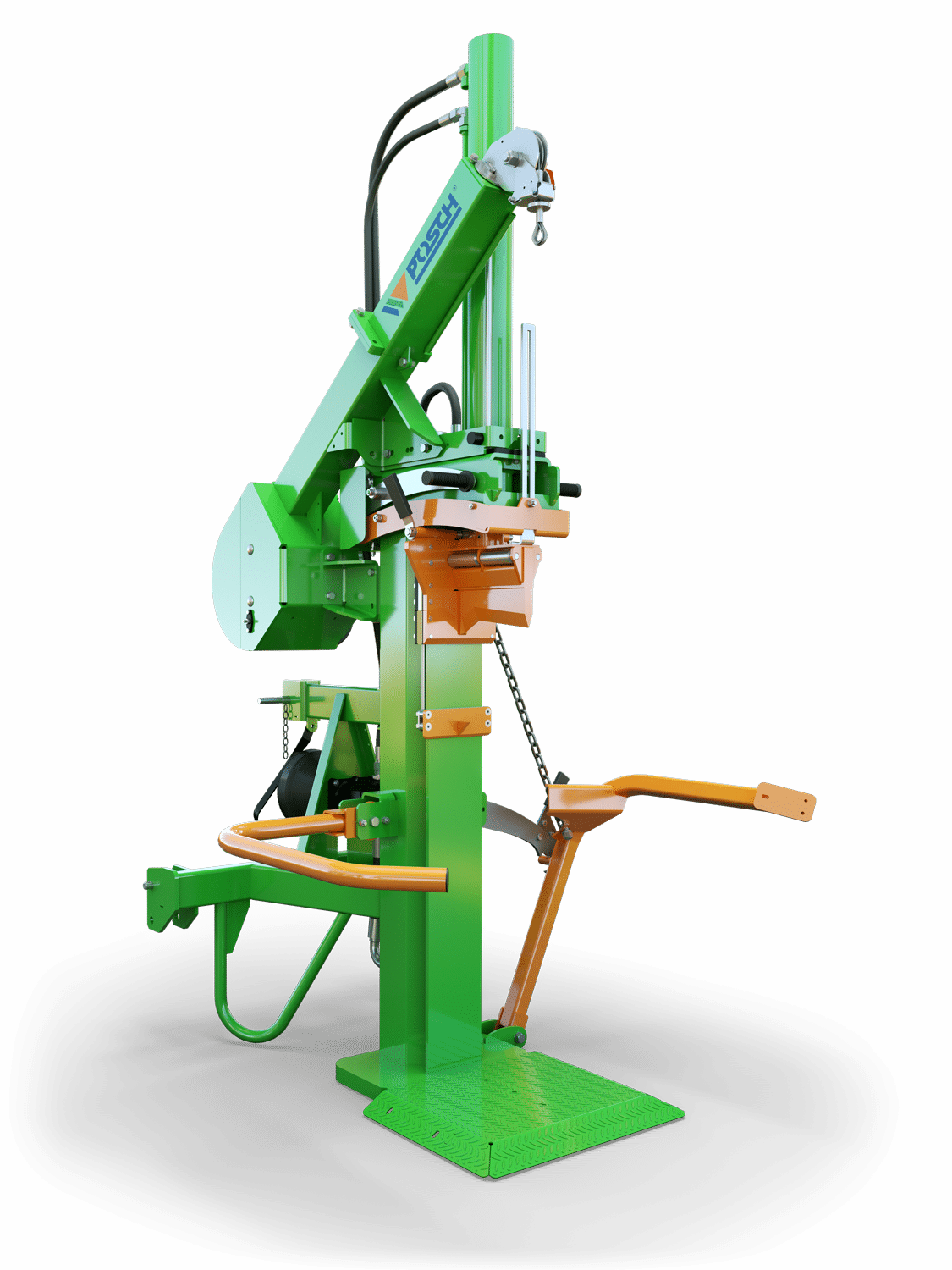 Holzspalter, Spaltmaschine elektrisch mit Zapfwellenantrieb. Stammheber und Seilwinde für einfachere Bedienung. Patentierte Spaltgutfixierung mit Fixomatic