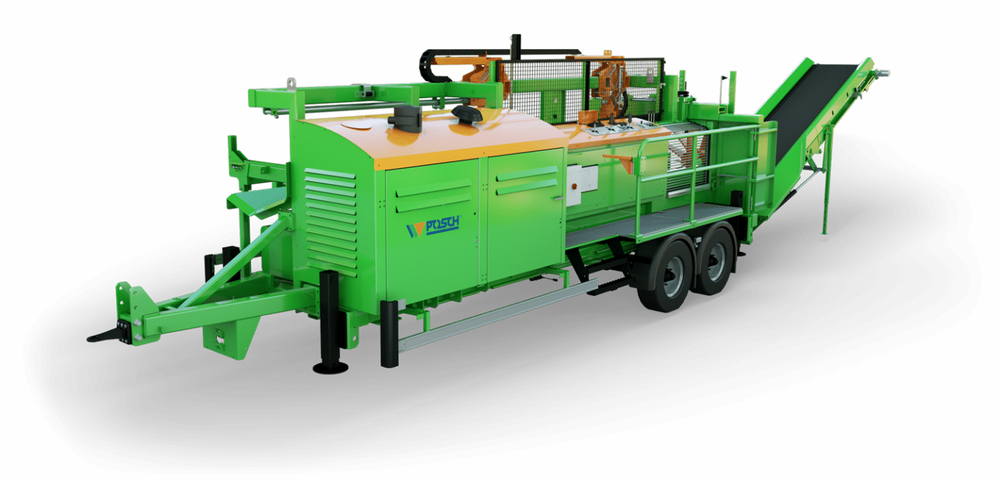 moderne Brennholzproduktion, Brennholzmaschine für dicke Holzstämme. Sägen und Spalten in einem Arbeitsgang