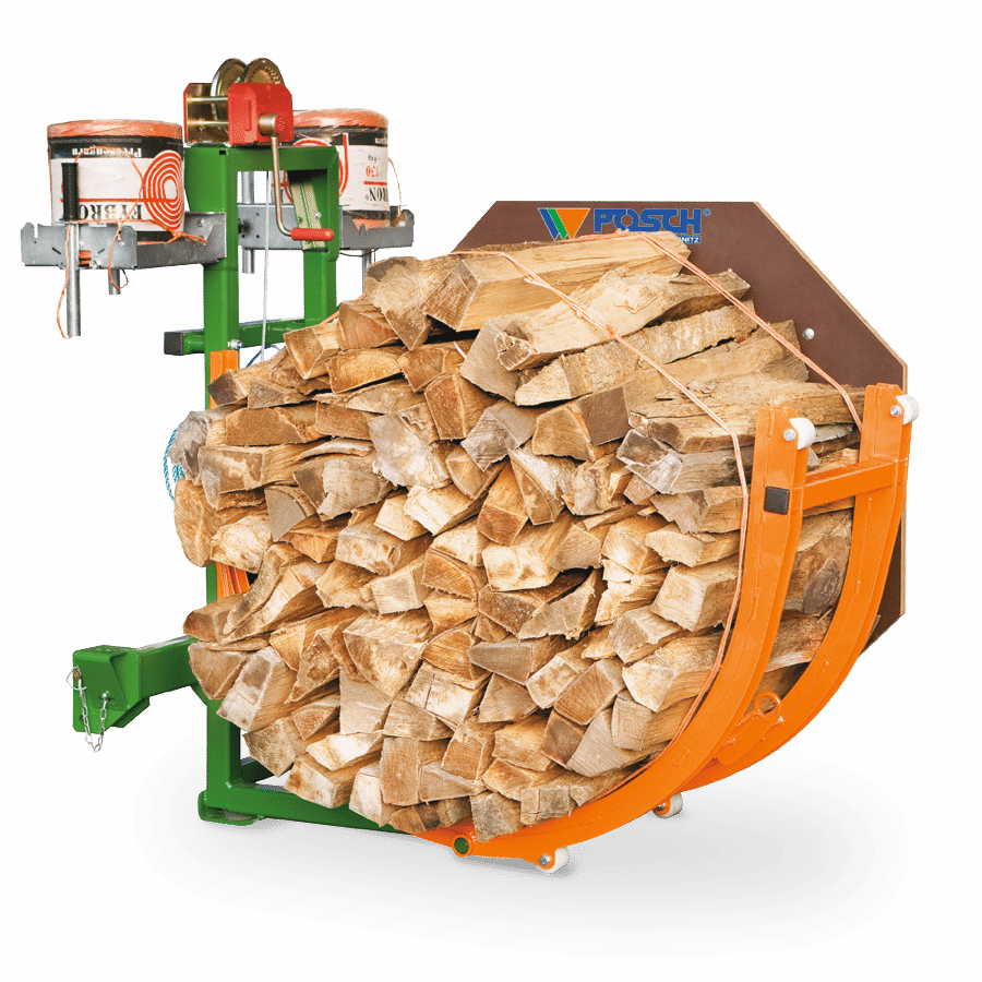 Meterholz kostengünstig bündeln mit Pressgarn und Vorrichtung. Brennholz bündeln