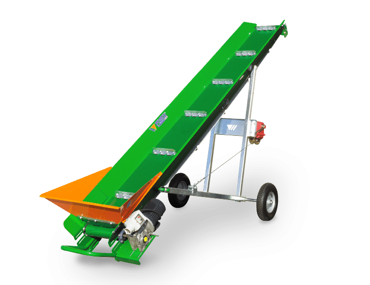 Conveyor belt. Versatile with pneumatic rubber wheels and tractor drawbar