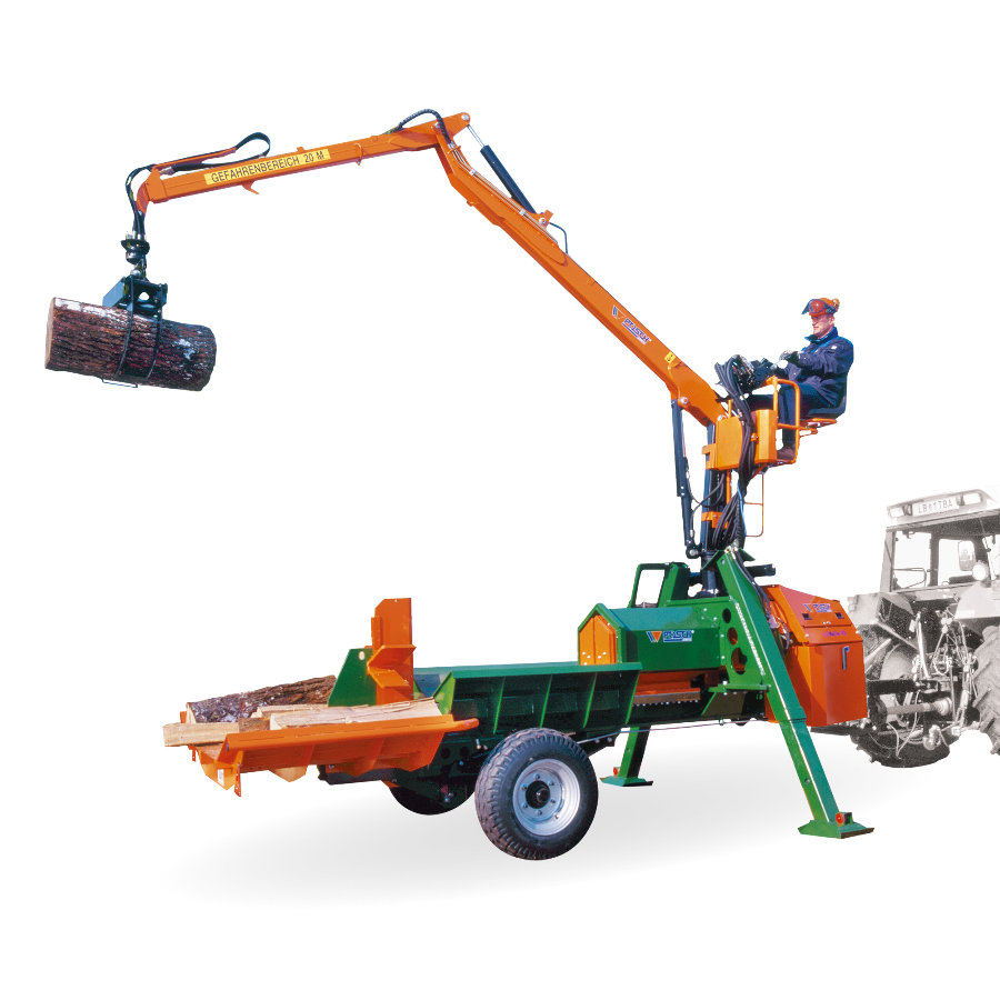Horizontal Log splitter, crane set-up, splitting power 40 tons or 55 tons, PTO drive.